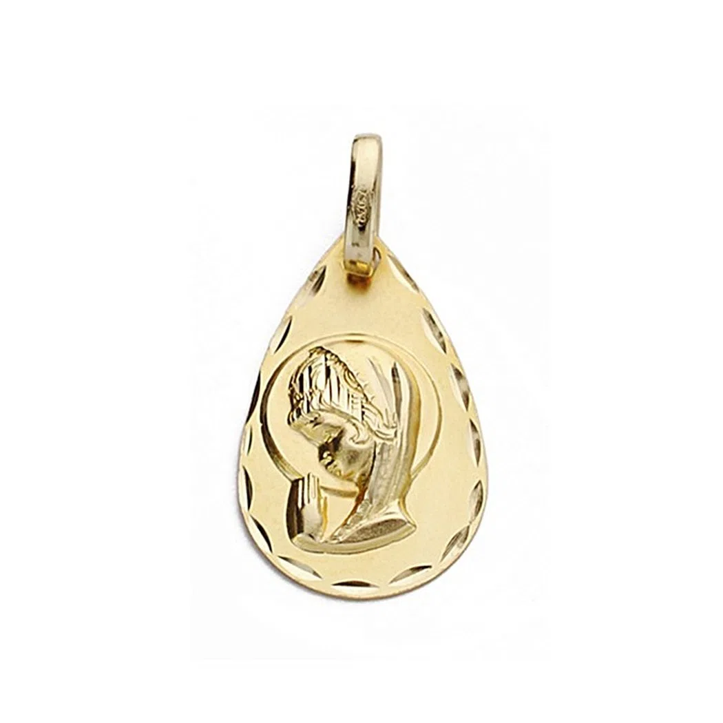 Medalla oro 18k Virgen Niña 19mm. forma lágrima borde tallado - Personalizable - GRABACIÓN INCLUIDA EN EL PRECIO