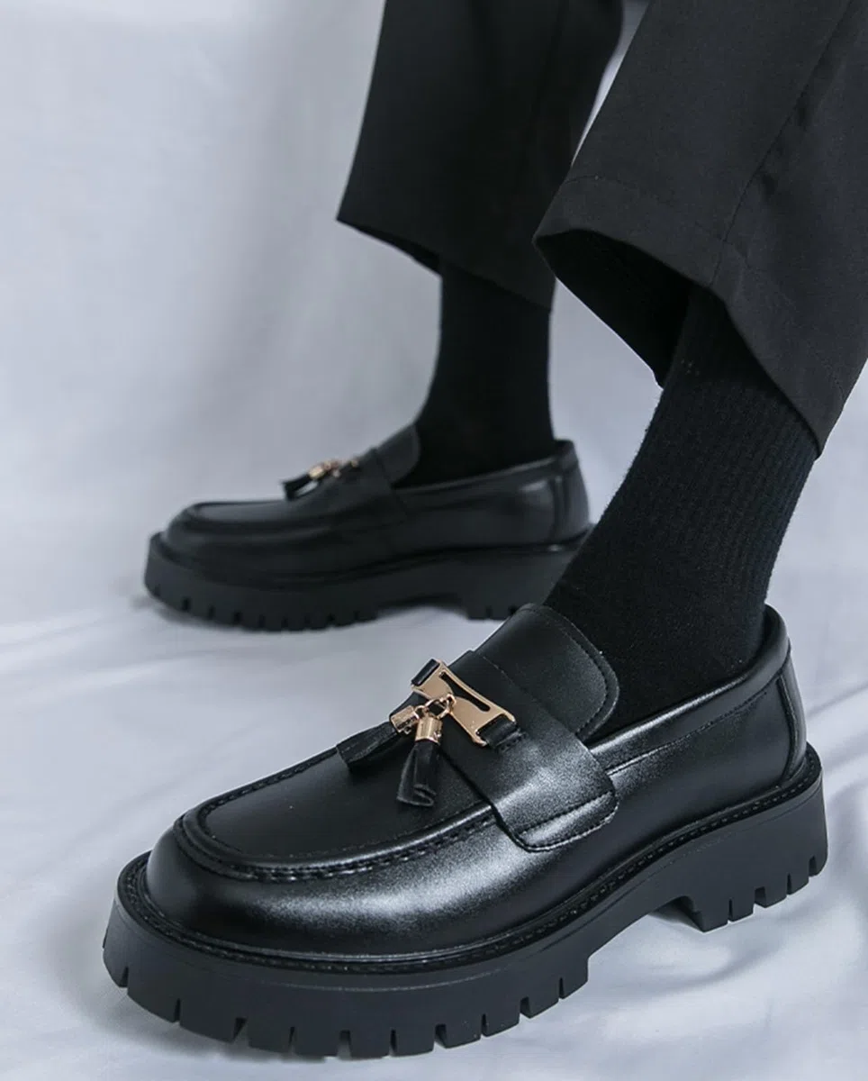 Mocasines Hombre Piel PU con Borlas Zapatos Vestir Casual Suela Gruesa