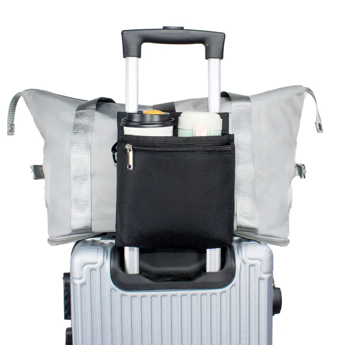 Portavasos de viaje para equipaje con correas de equipaje, organizador de bebidas de mano, accesorios de viaje, regalo para asistentes de vuelo, hombres de negocios, viajeros, se adapta a asas de
