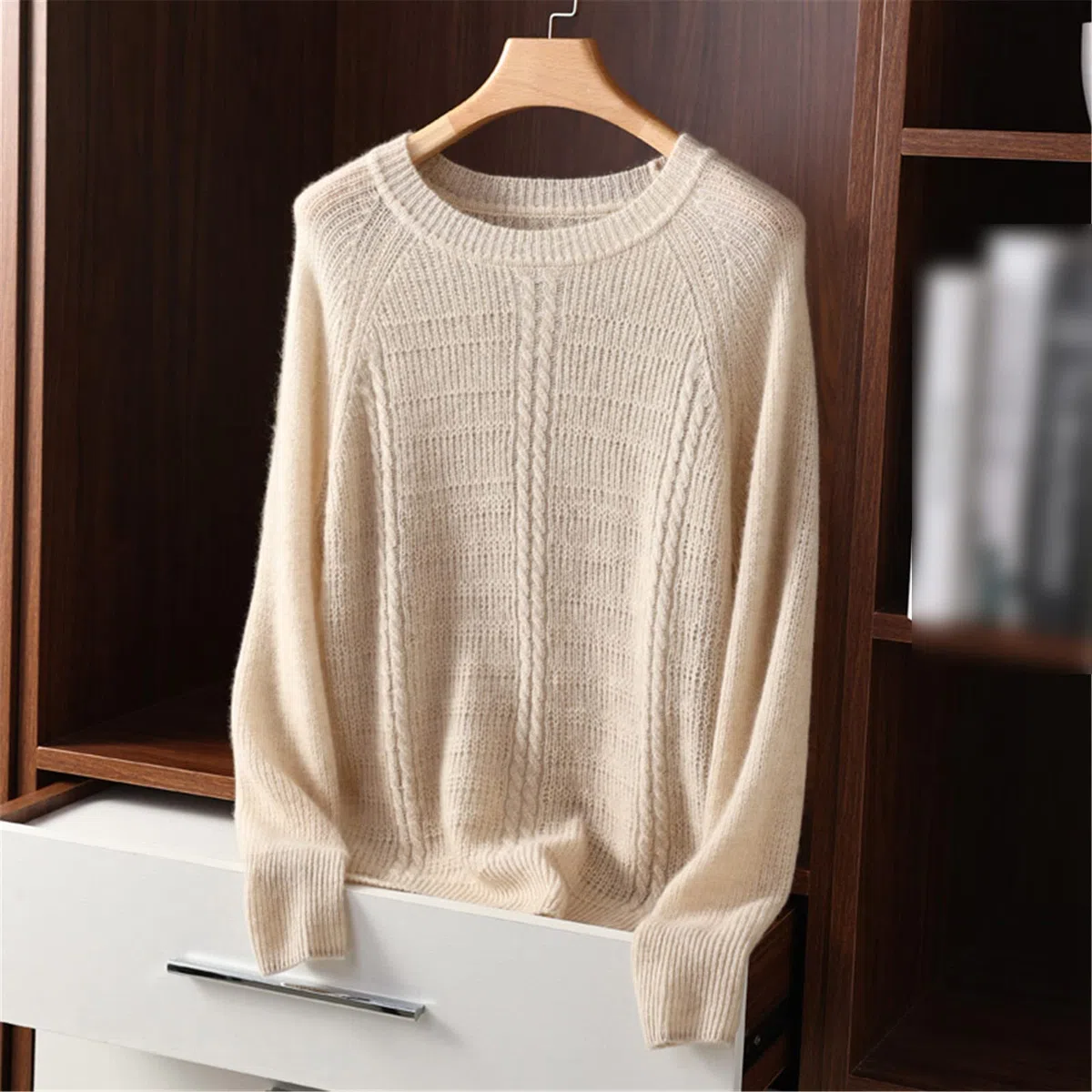 Kelsiop Primavera y otoño 100% suéter de cachemira de las mujeres suéter de cuello redondo casual de punto suelto de moda suéter cálido, beige, M