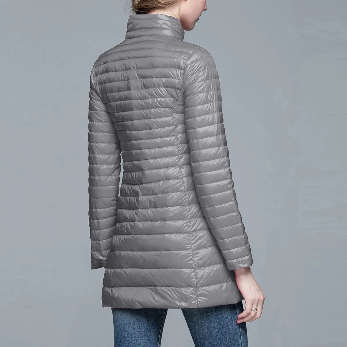 Generisch Abrigo acolchado ligero para mujer, largo, con capucha extraíble, chaqueta de entretiempo, abrigo de invierno, aspecto de plumón, forro cálido, chaqueta acolchada con bolsa