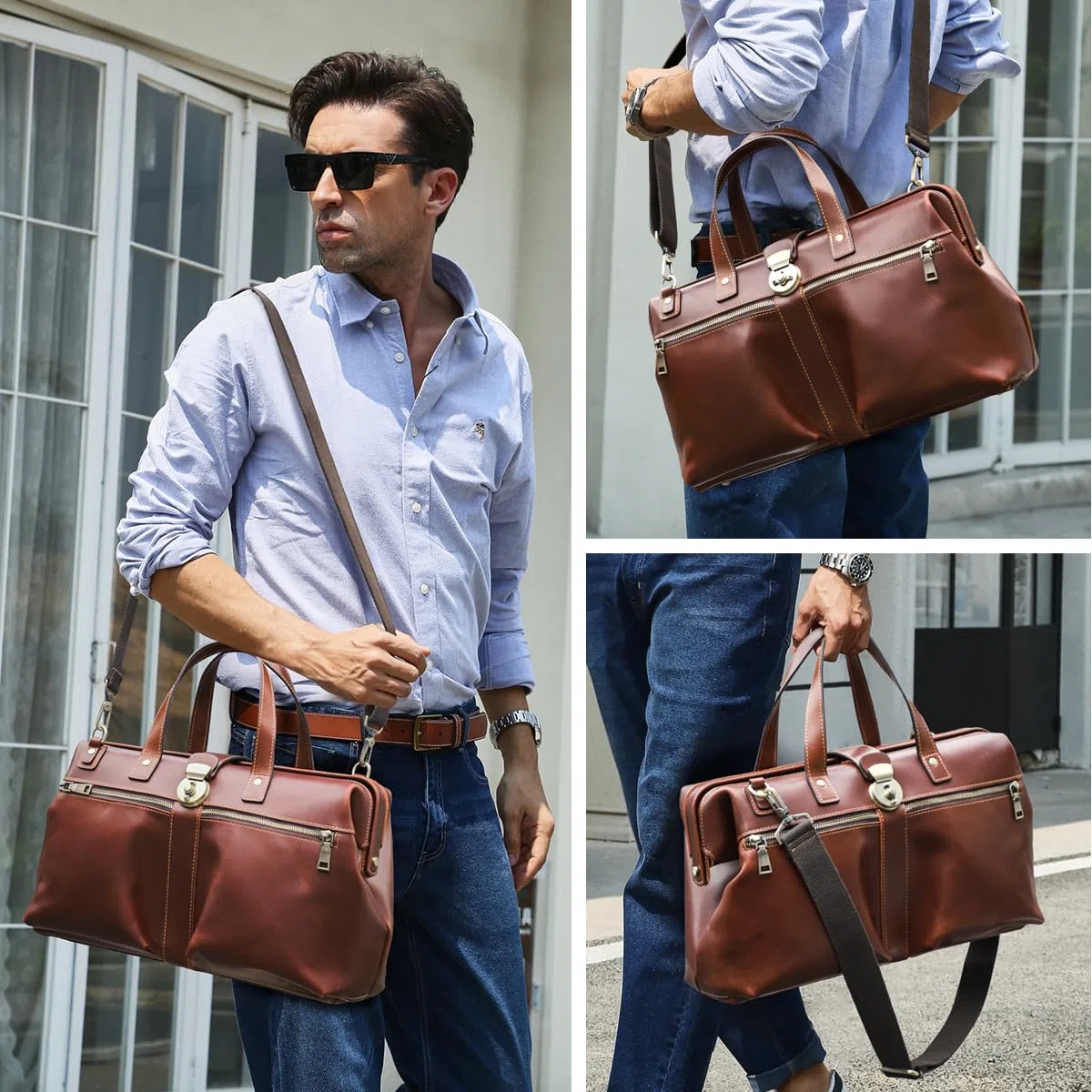 CONTACTS Bolso médico de cuero de grano completo para hombres y mujeres, maletín vintage de 14 pulgadas, bolso de hombro de gran capacidad con apertura de marco de metal para abogados