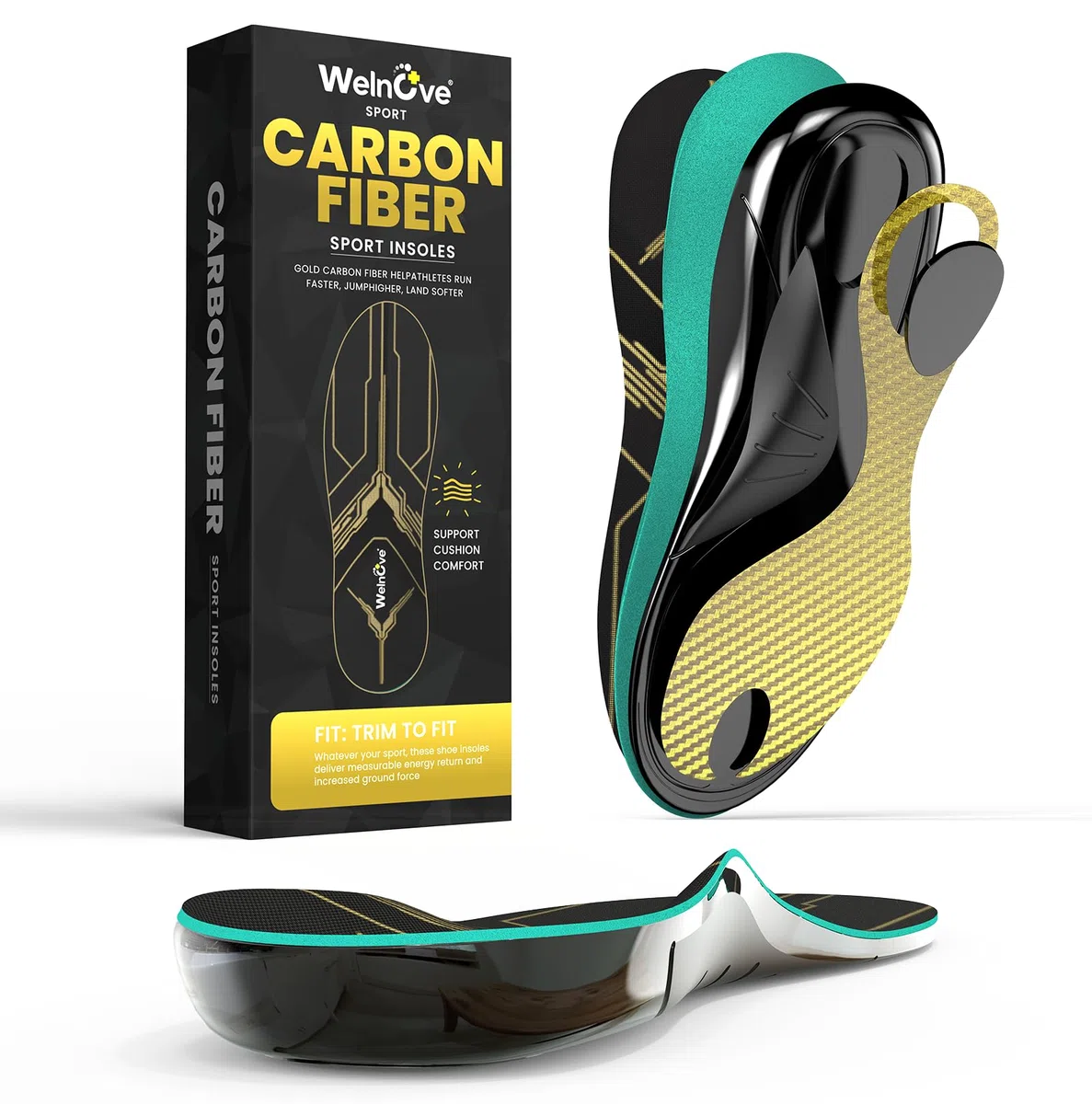Plantillas de fibra de carbono con soporte para el arco - Suela de rendimiento amortiguadora para deportes activos - Retorno de energía y protección contra lesiones, no para zapatos con tacos y
