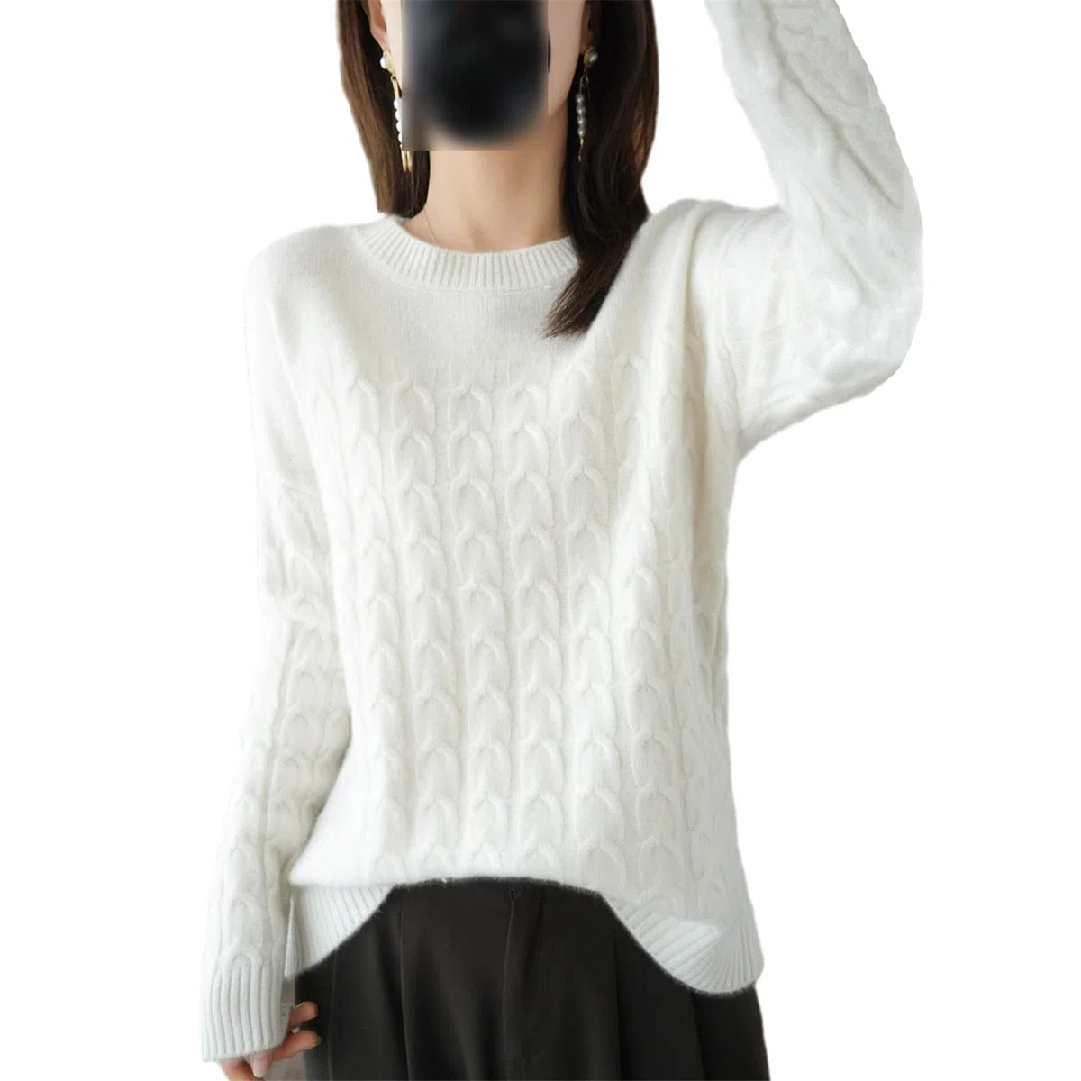 100% lana suéter de cachemira otoño invierno mujer O cuello jersey casual punto top chaqueta de manga larga, blanco, L