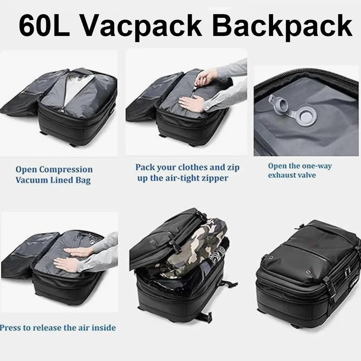 Mochila, Mochila Impermeable con Compresión Al Vacío, Mochila Expandible De 60 L, Mochila Airbag con Compresión Al Vacío(Green,Manual Press)