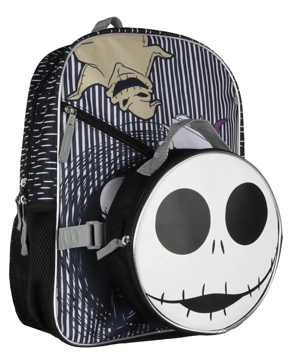 Disney Nightmare Before Christmas Jack Skellington - Juego de mochila de 5 piezas con fiambrera, estuche para lápices, mosquetón y llavero de 16 pulgadas