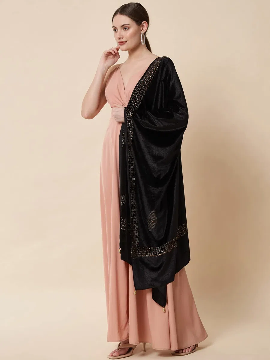 Pashtush Estola para mujer, terciopelo suave con trabajo de cristal adornado