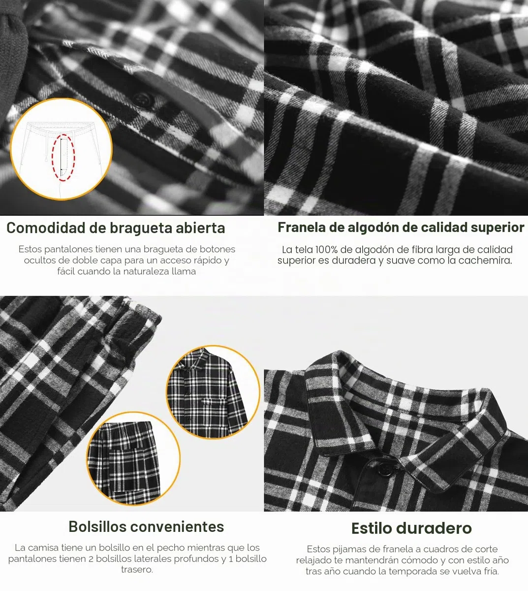 LAPASA Pijama Hombre Invierno 100% Algodón Franela Ropa Dormir a Cuadros Camiseta Manga Larga y Pantalón Largo Calido Estar en Casa Comodo M79/M95
