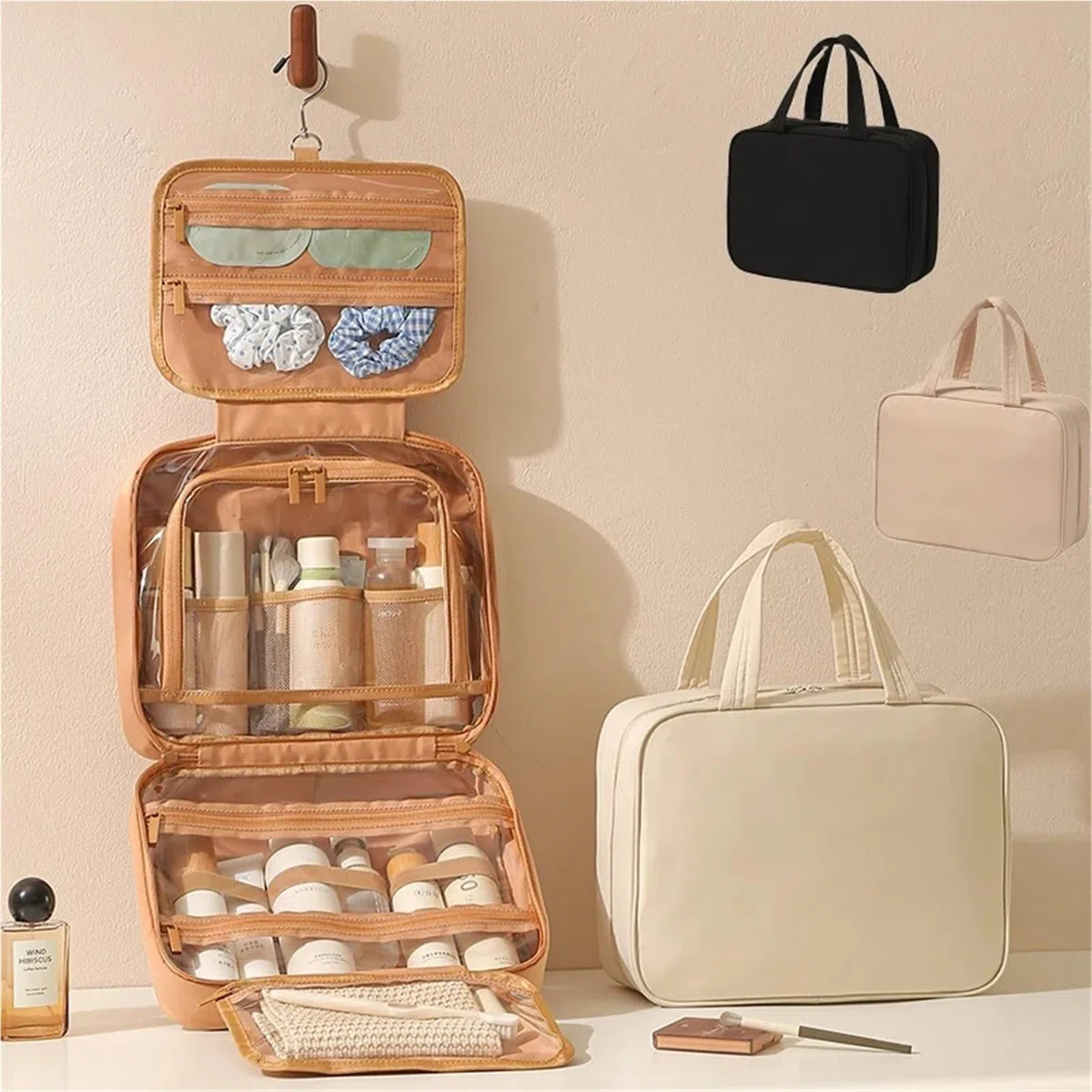 Bolsa de cosméticos Colgante for Mujer, Organizador Maquillaje portátil, Bolsas Almacenamiento artículos tocador Viaje Gran Capacidad, 2 uds para Viajar(Wooden Peach Powder)