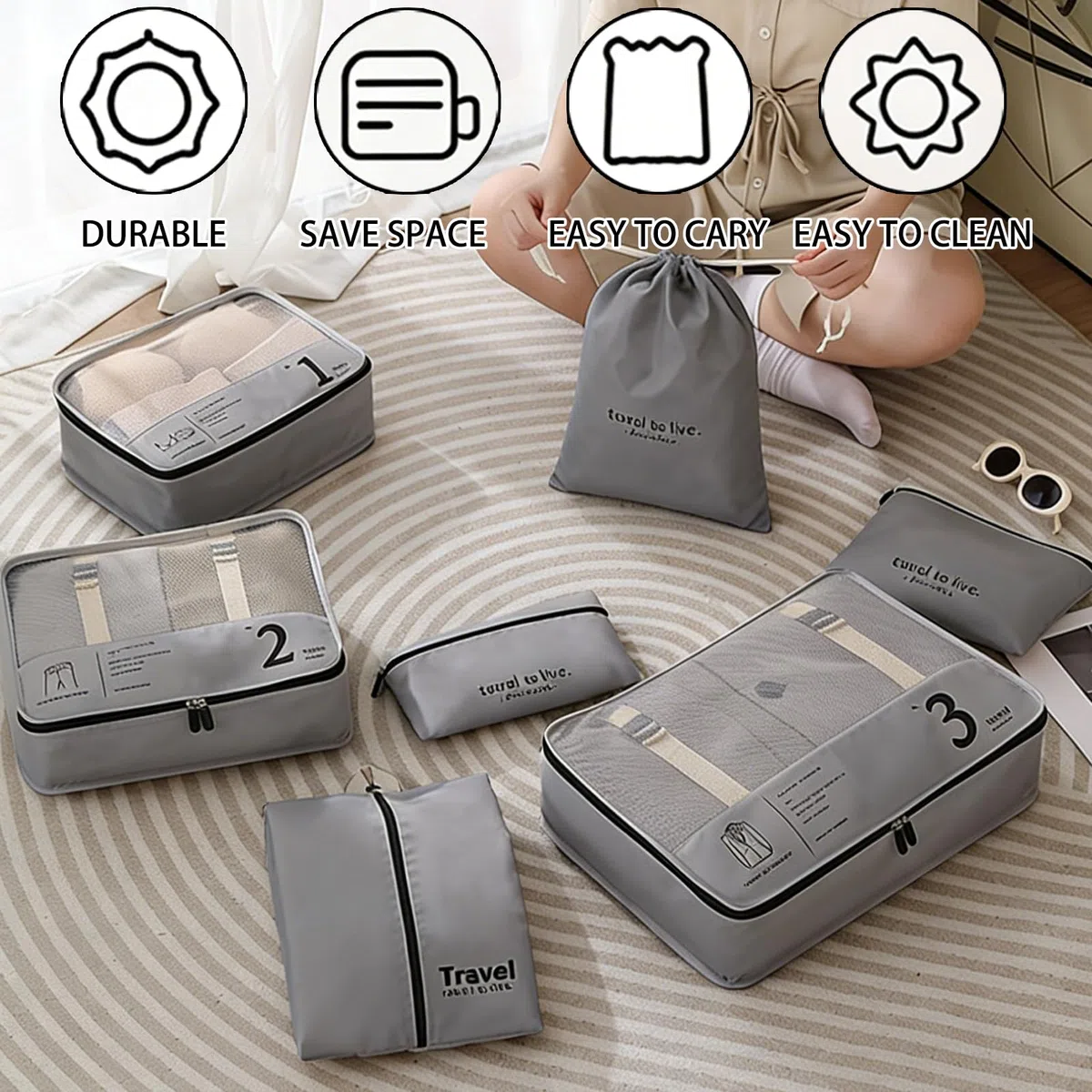 Juego de 7 cubos para maleta, organizadores de equipaje ligeros, accesorios de viaje, organizadores de maleta de compresión y cubos de viaje, para viajes, bolsas de equipaje para ropa