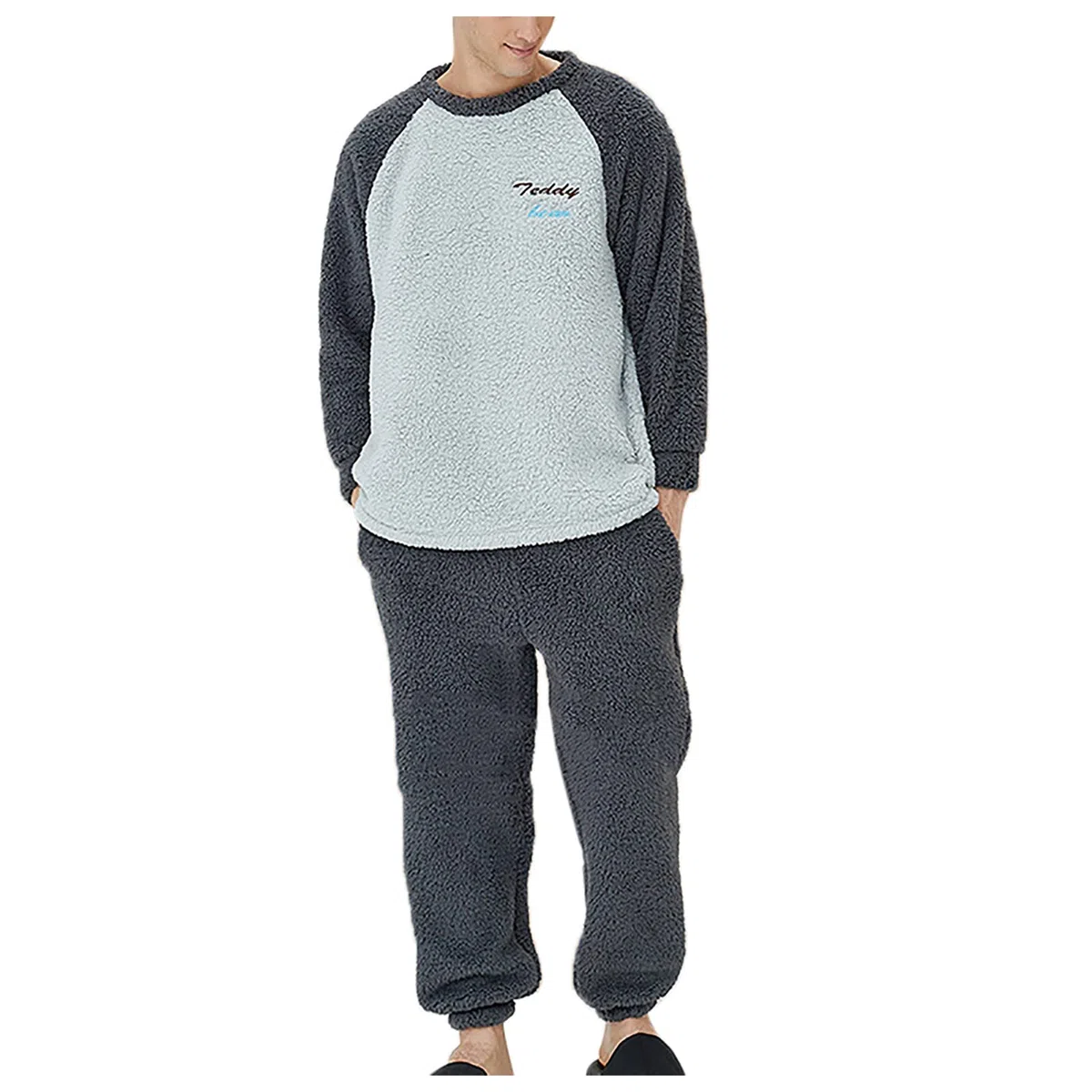 Conjunto de pijama atractivo para mujer, para invierno, otoño, cómodo, cálido, manga raglán, bloque de color, forro polar, suave, transpirable, algodón, pijama, pantalones, ropa de dormir