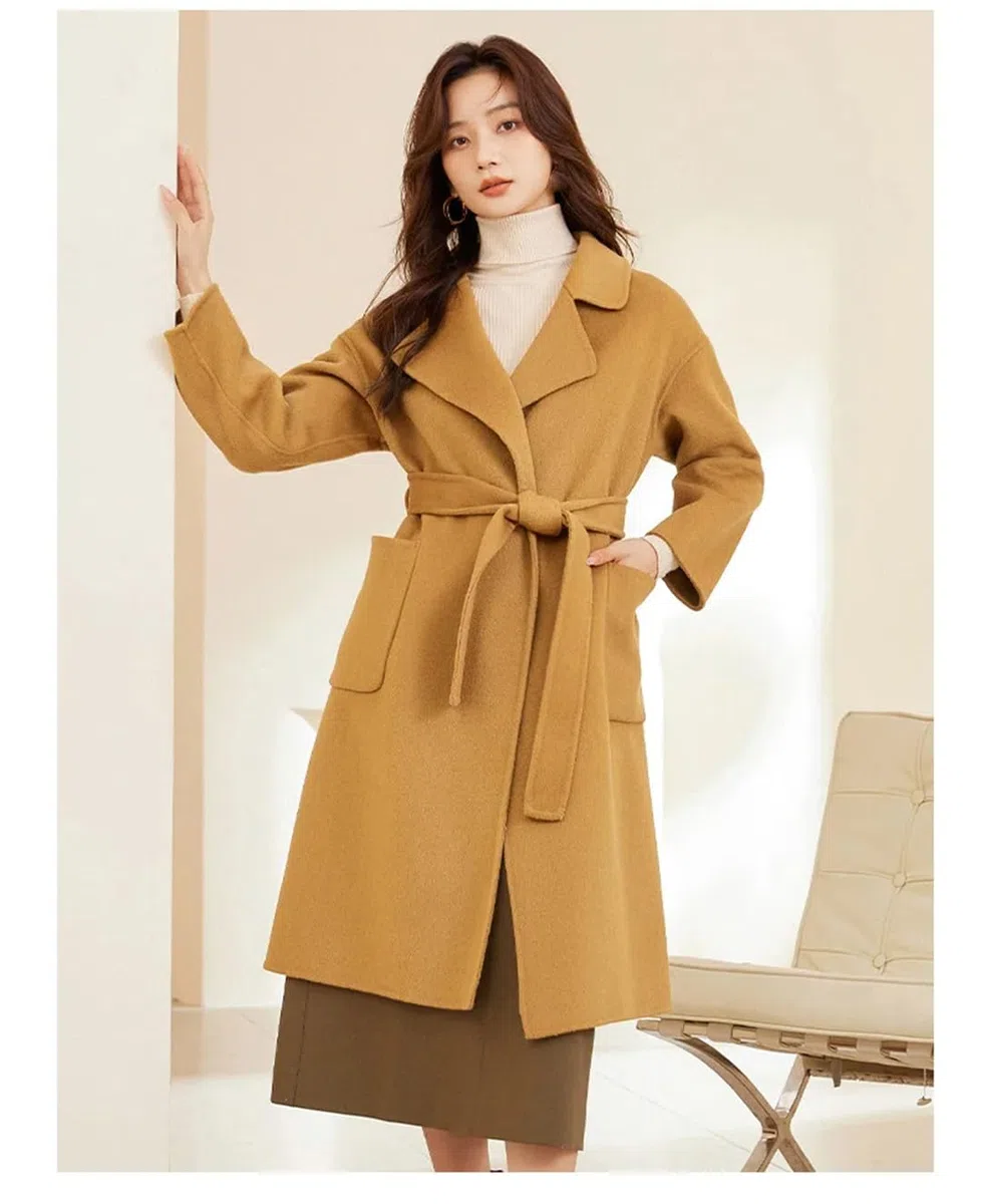 Hdhdeueh Abrigos largos de lana para mujer con cinturón, abrigo de lana sólida de doble cara, gabardina de invierno con solapa, rosso, L