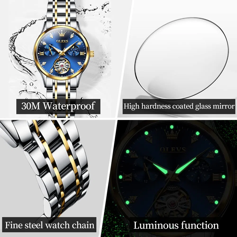 OLEVS Par de relojes para parejas, mecánicos automáticos, con cuerda automática, para él y ella, regalos del día de San Valentín, 6617+6608: banda de dos tonos y esfera azul