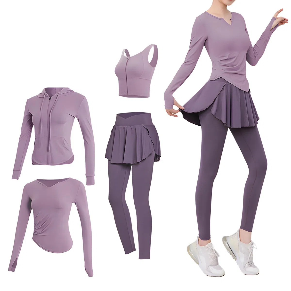 Conjunto de entrenamiento de pilates para mujer, traje de yoga de cuatro piezas, talla XXL para 135-150, chaqueta, brasier deportivo, camiseta de manga larga, tela elástica transpirable