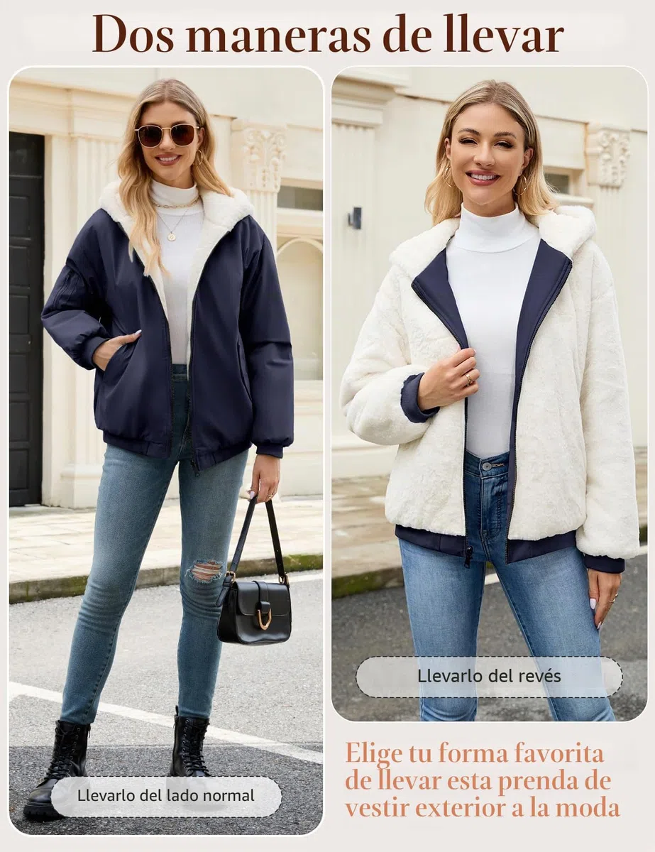 Vancavoo Chaqueta Reversible Mujer de Invierno con Capucha y Pelo Suave | Cazadora Corta con Cremallera, Puños de Canalé y Bolsillos en Ambos Lados para Uso Diario