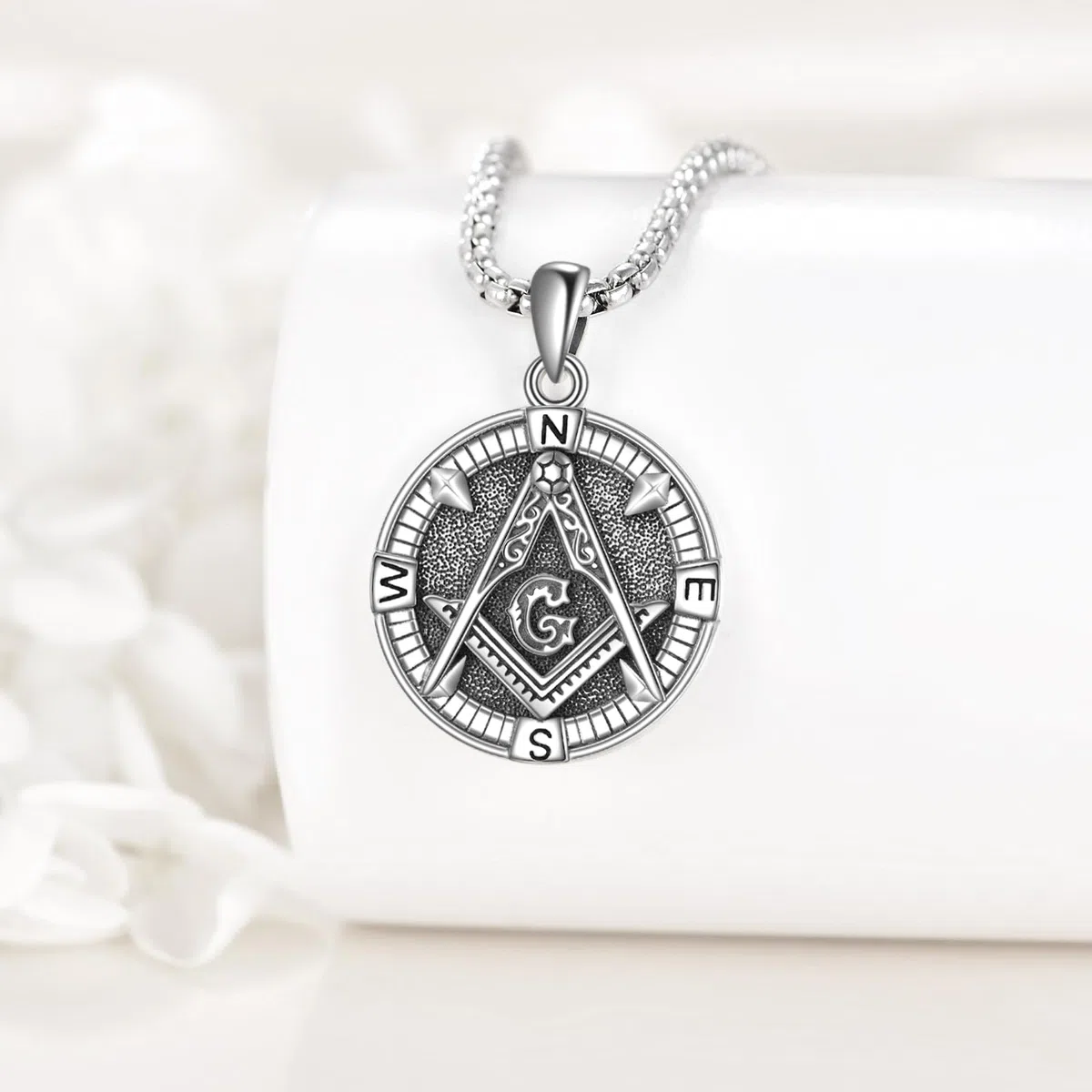 ONEFINITY Collar masónico de plata de ley 925 con colgante de brújula masónica, collar de masonería, símbolo de masón, joyería para hombre, talla única, Plata, No es una piedra preciosa