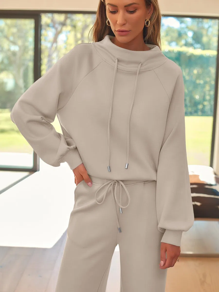 AUTOMET Conjuntos de descanso para mujer, trajes de 2 piezas para otoño, sudadera con cordón, pantalones deportivos de pierna ancha