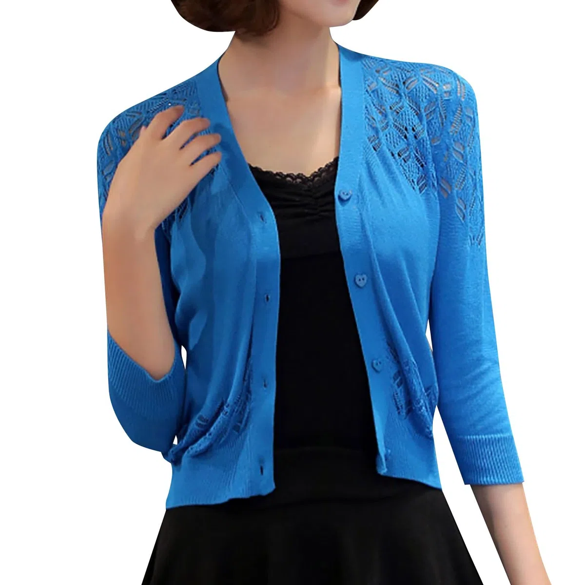 Chaqueta de punto para mujer, elegante parte superior de ganchillo, parte delantera abierta, bolero para mujer, festivo, corto, aireado, crochet, elegante, transparente, manga larga, chaqueta corta