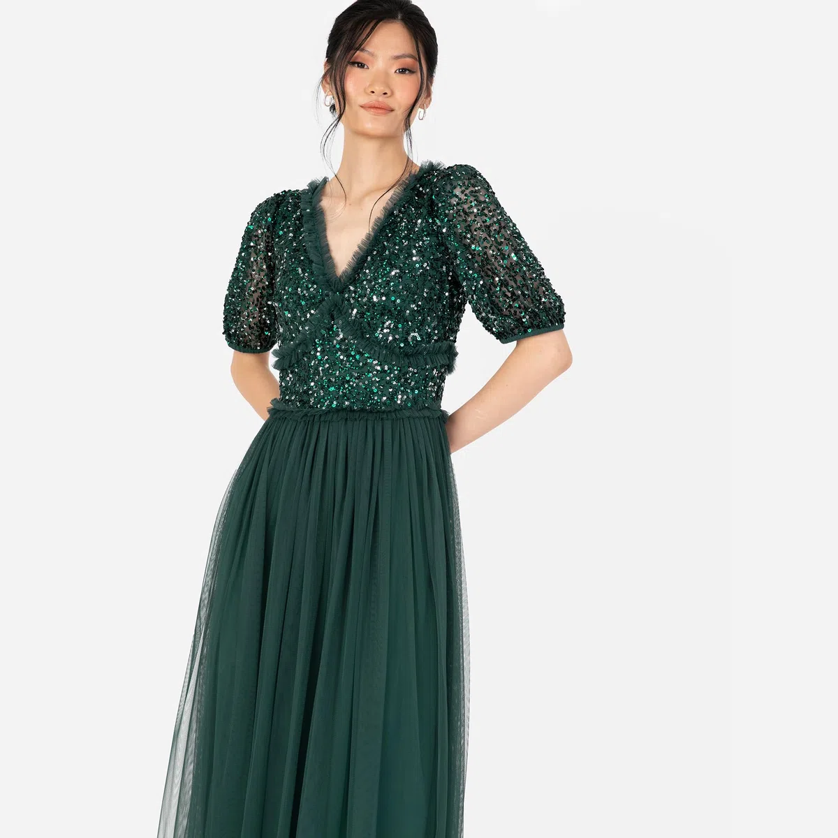 Maya Deluxe Women's Maxi Dress Ladies V-Neck Short Sleeve Sequin Embellished Tulle Ruffle For Wedding Guest Bridesmaid Ball Gown Vestidos para Mujer