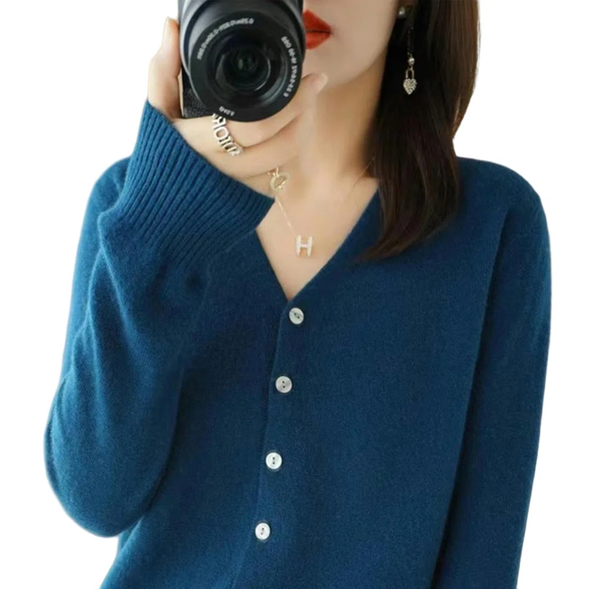 NOGRAX Rebeca Mujer Verano Cárdigans para Mujer, Suéter Tejido con Cuello En V Y Botonadura Única, Prendas De Punto Cortas-Azul-XL (55-65) Kg