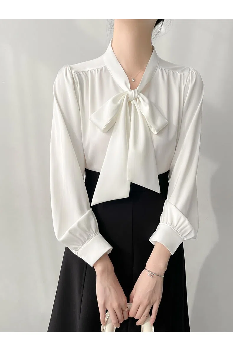 Camisa de Oficina de Saten con Manga Larga y Lazo para Mujeres