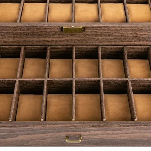 Caja de reloj con 24 ranuras, almacenamiento de madera de 2 niveles con parte superior de cristal para joyas y accesorios, organizador para hombres