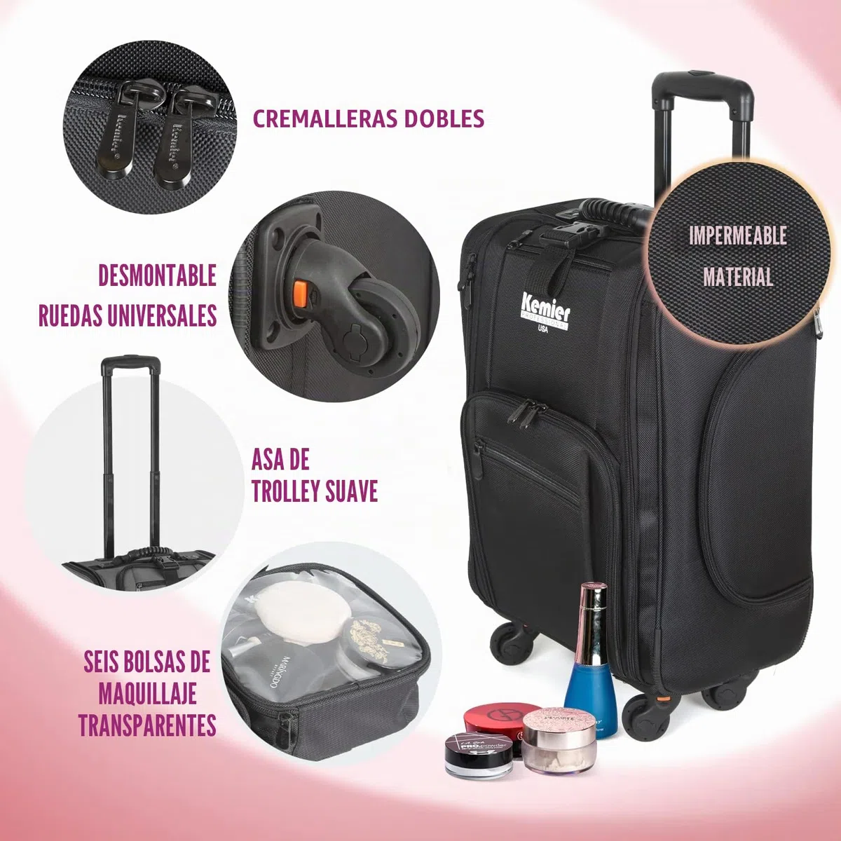 Organizador de Cosméticos Portable, Estuche de Maquillaje con Ruedas de Nylon Suave con Bolsos, Negro