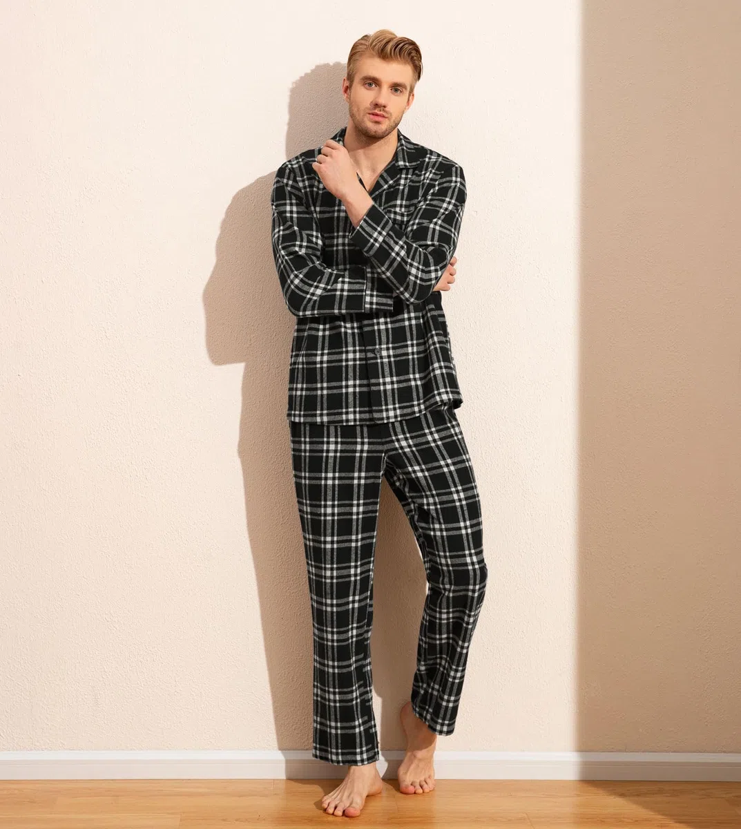 LAPASA Pijama Hombre Invierno 100% Algodón Franela Ropa Dormir a Cuadros Camiseta Manga Larga y Pantalón Largo Calido Estar en Casa Comodo M79/M95