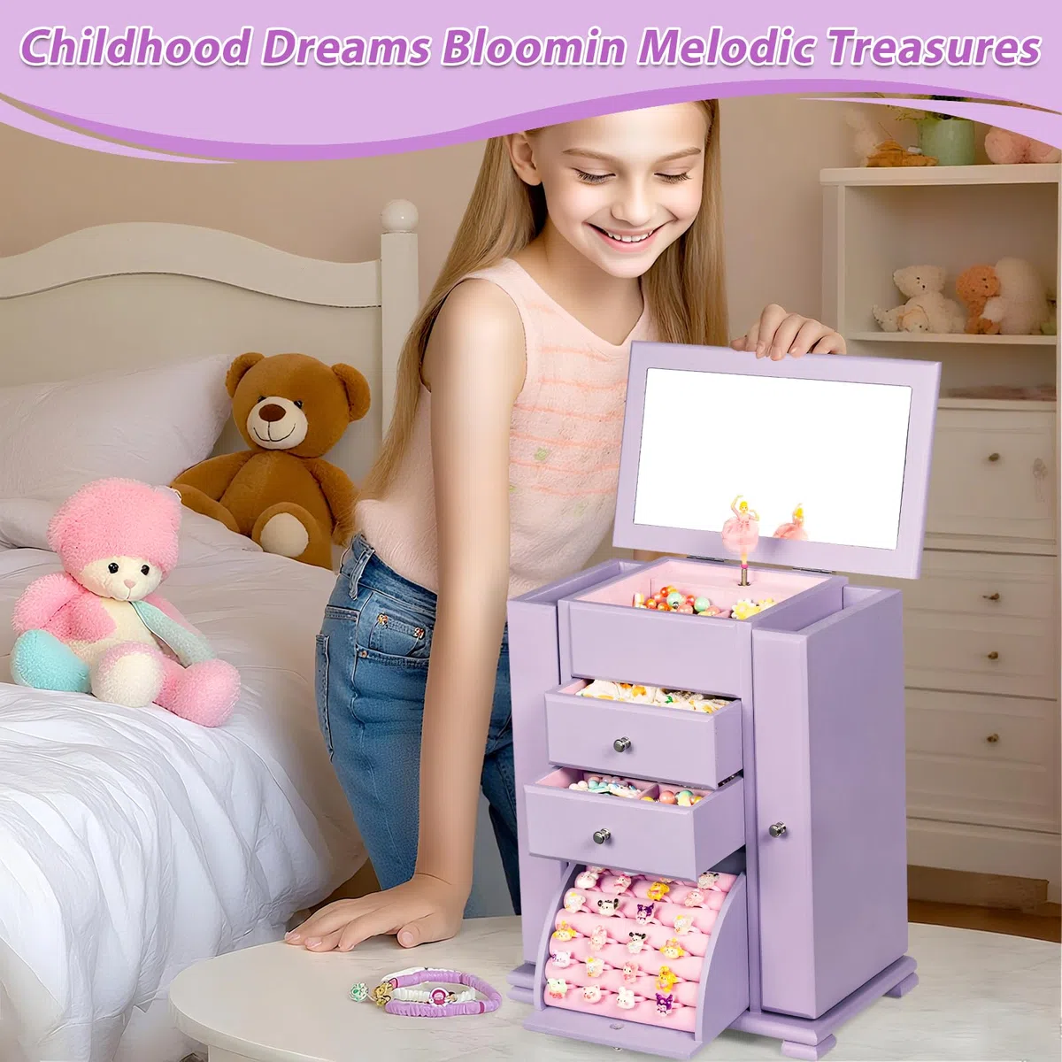 Caja de joyas para niña, 4 niveles, caja de música musical para niña, con bailarina de rotación, gran caja de música infantil de madera para niños, cumpleaños de regalo (púrpura)