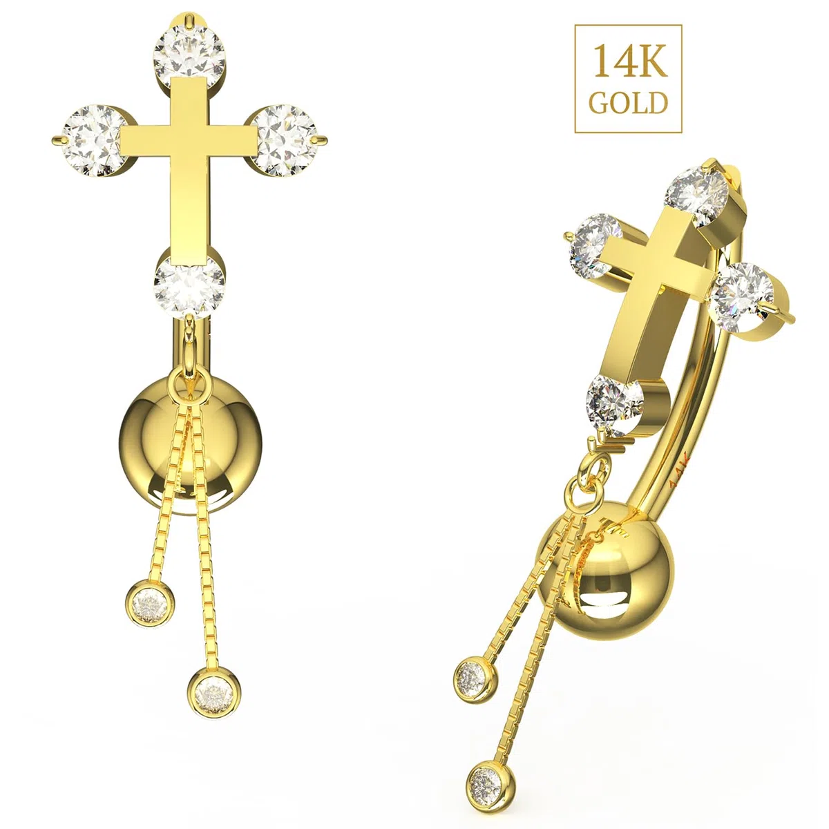Piercing para ombligo de oro amarillo macizo de 14 quilates con circonita cúbica y cadena colgante, joyería para ombligo de 14 quilates, calibre 14, 14 Gauge - 12mm Length, Circonia