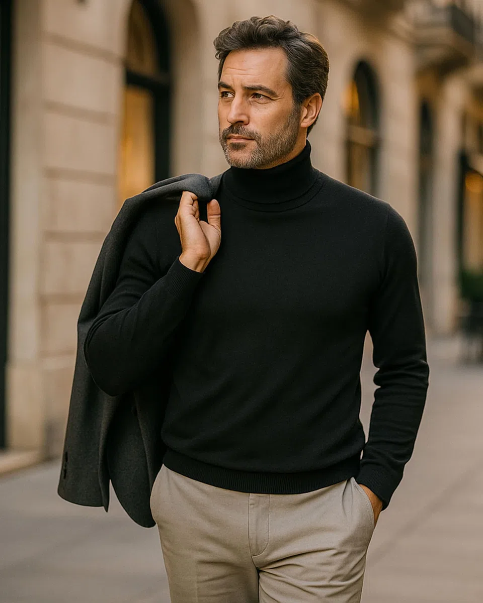 Jersey de Cuello Alto para Hombre en Viscosa Suave - Suéter Fino Tipo Cisne, Jersey Ajustado Slim Fit, Elegante y Básico para Invierno, Ideal bajo Chaqueta
