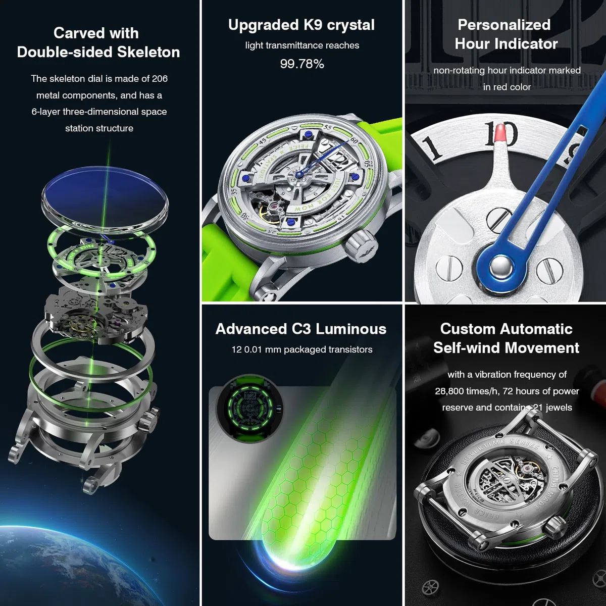 FEICE Reloj Skeleton Automático Analógico para Hombre con Correa de Silicona Acero Inoxidable Ø44mm FM501
