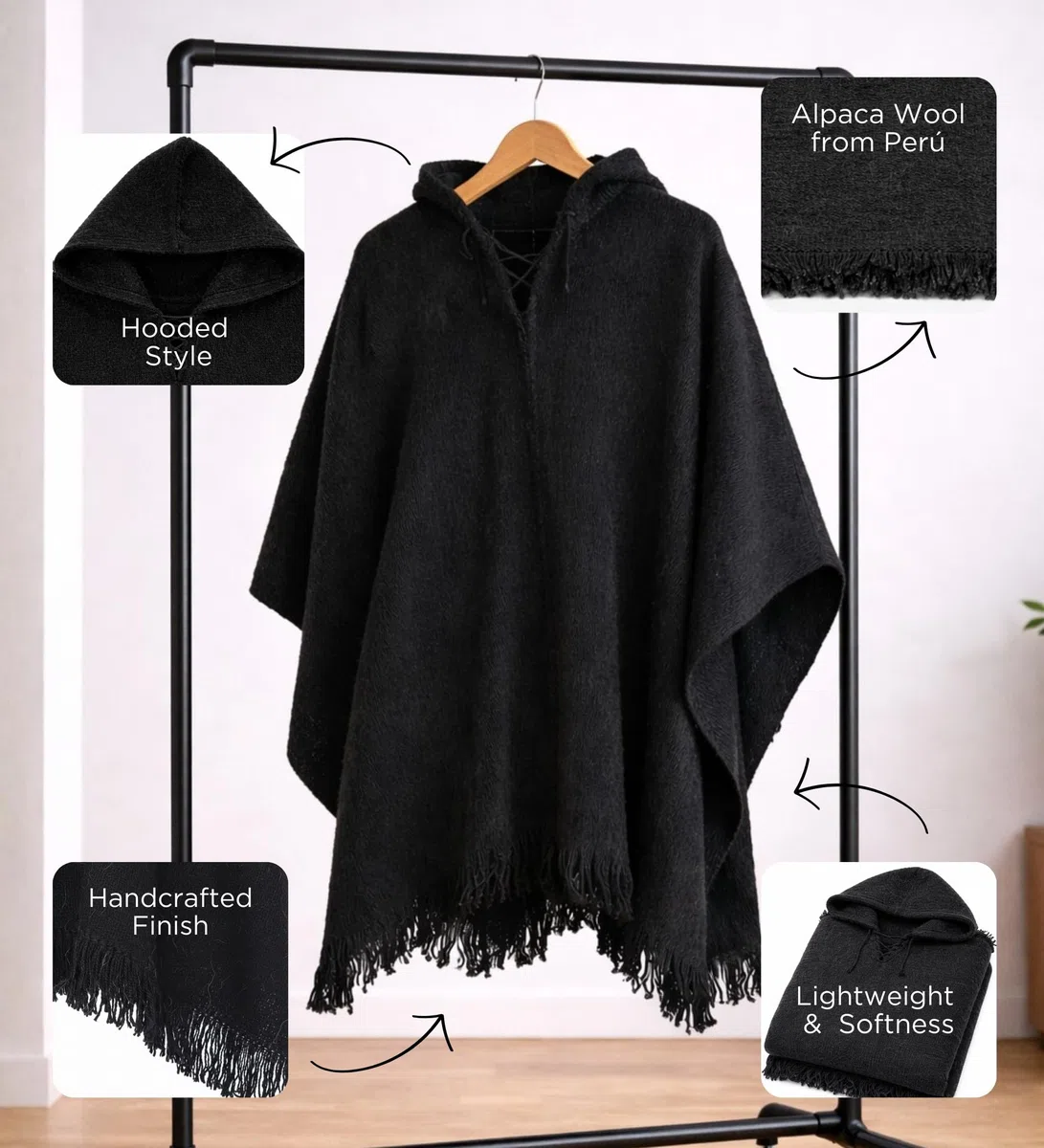 Gamboa Alpaca Poncho Hombre con Capucha Estilo Mexicano Lana Otoño Invierno Negro