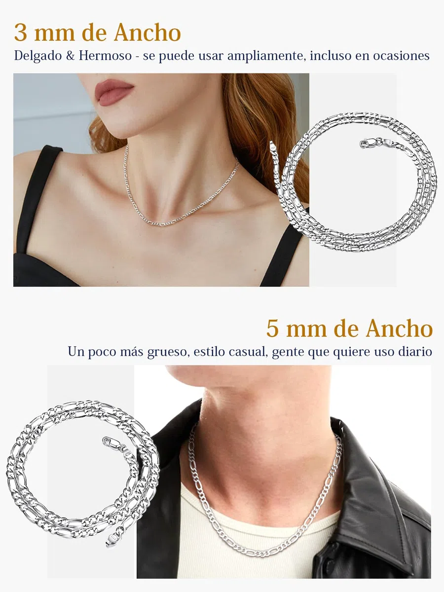 Suplight Cadena Plata Hombre Mujer, Plata de Ley 925 Collar Italiano de Cadena Cubana/Fígaro con Caja de Regalo, 3/5 mm Ancho 36/46/51/56/61/66/71 cm Largo, Joyería Hipoalergénica Básica