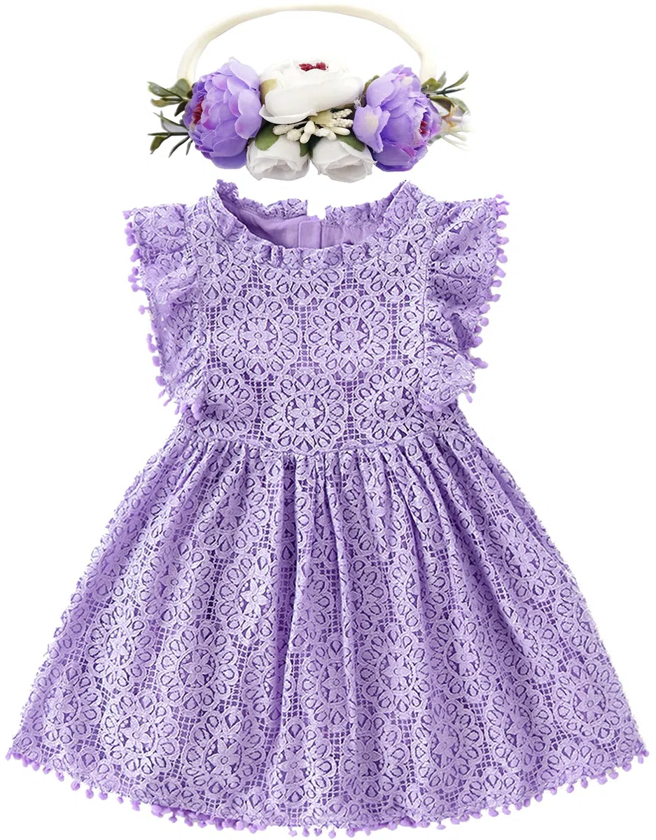 BGFKS Vestido tutú elegante de encaje con pompones y manga con vuelo, con diadema de flores