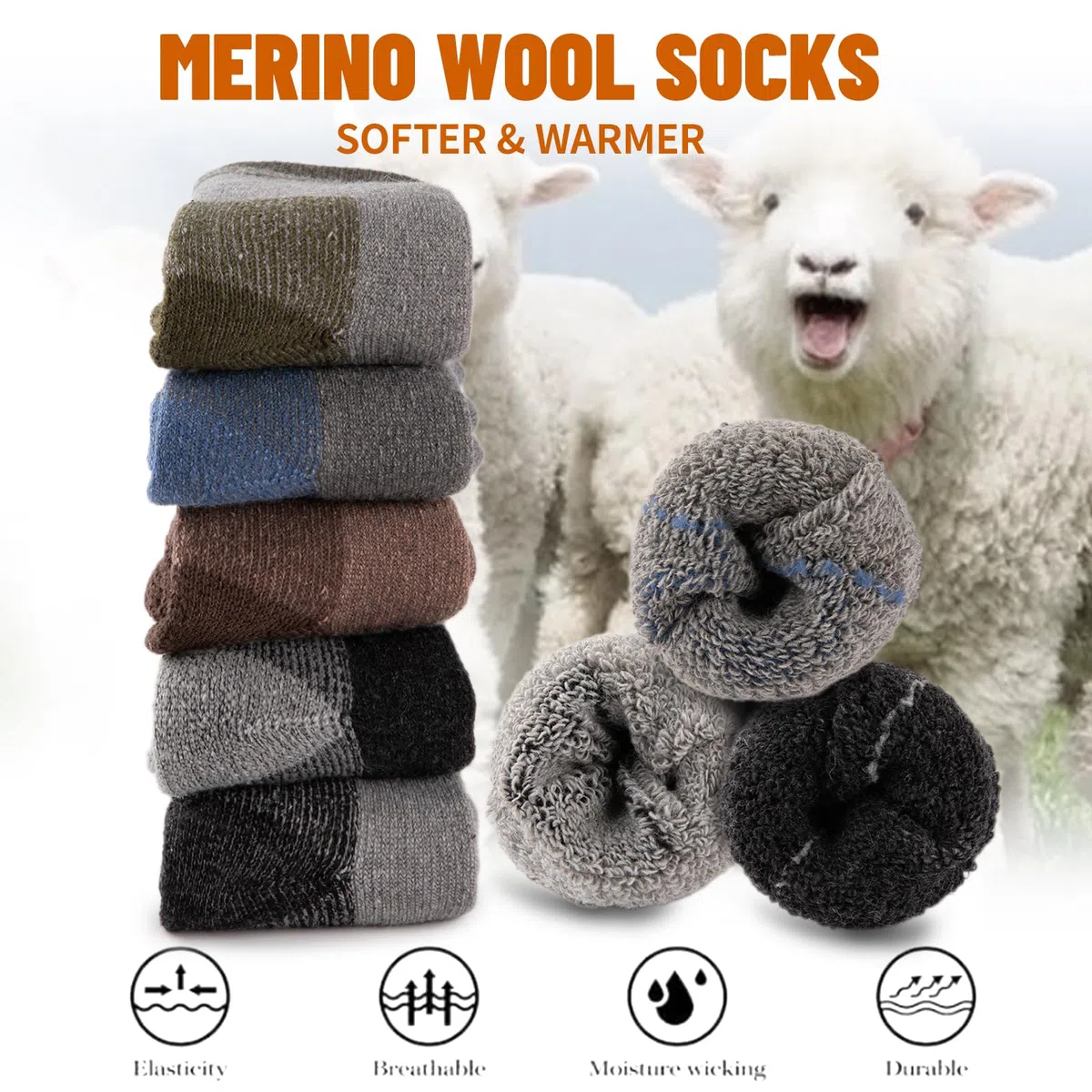 COOVAN Calcetines de lana merino para hombre, térmicos, cálidos, para invierno, suaves, acogedores, para clima frío, trabajo, senderismo, 5 pares