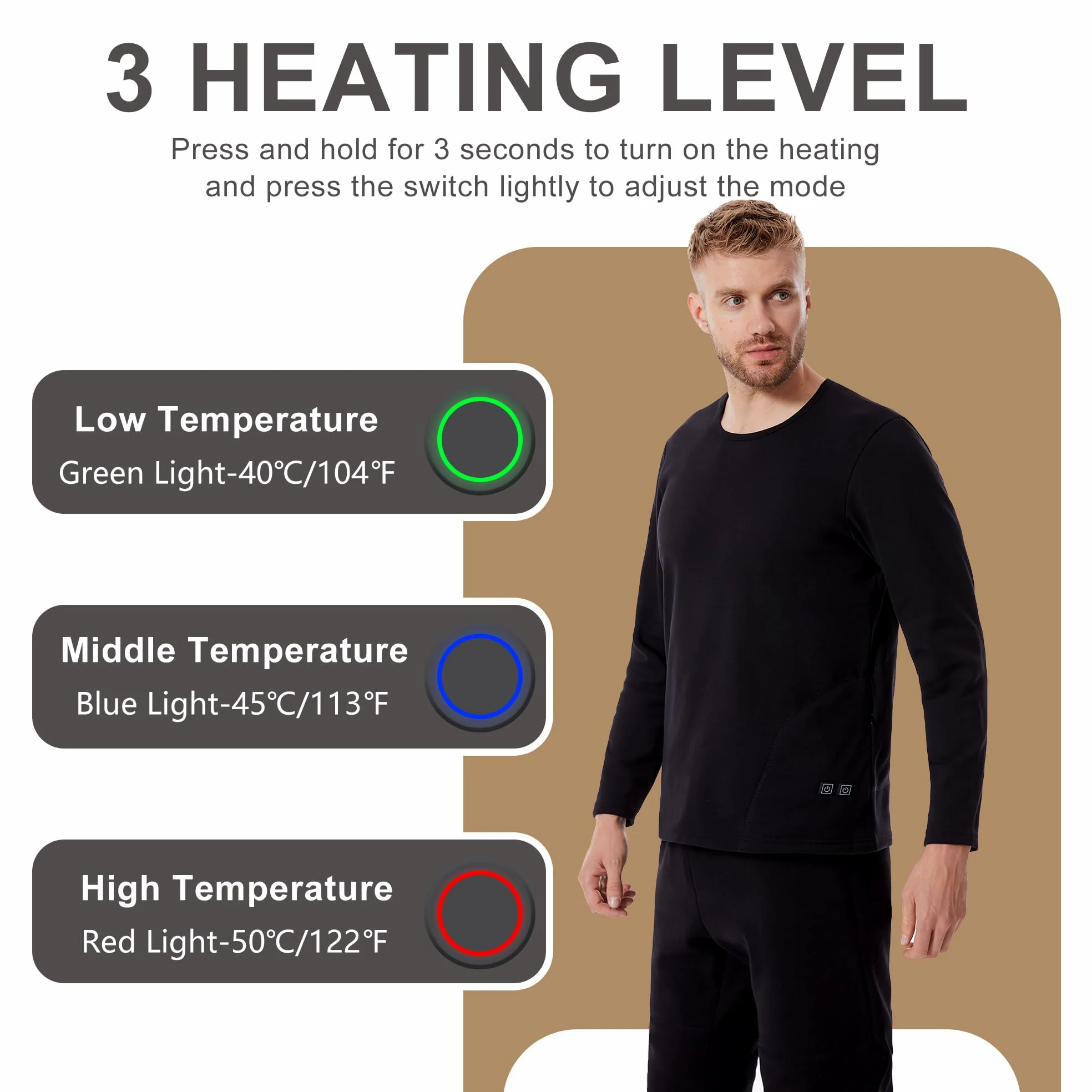 Ropa Interior Eléctrica Calefaccionada para Hombres, Capa Base Térmica De Invierno con Parte Superior Y Pantalones con 3 Niveles De Calefacción para Esquiar Y Acampar