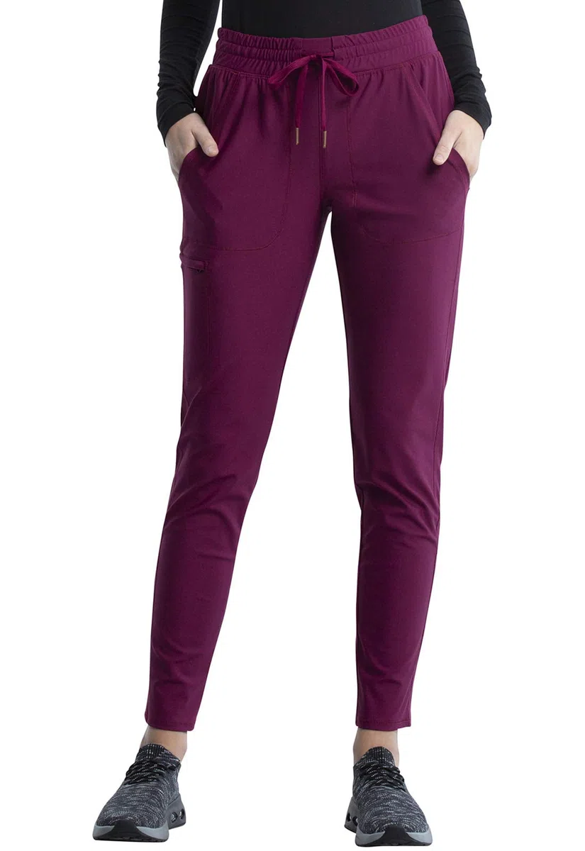 Cherokee Conjunto de uniforme médico para mujer, 7 bolsillos, cuello en V, dobladillo curvado CK840 y pantalón de pierna cónica de tiro medio CK095, color vino, talla XS, pantalón alto