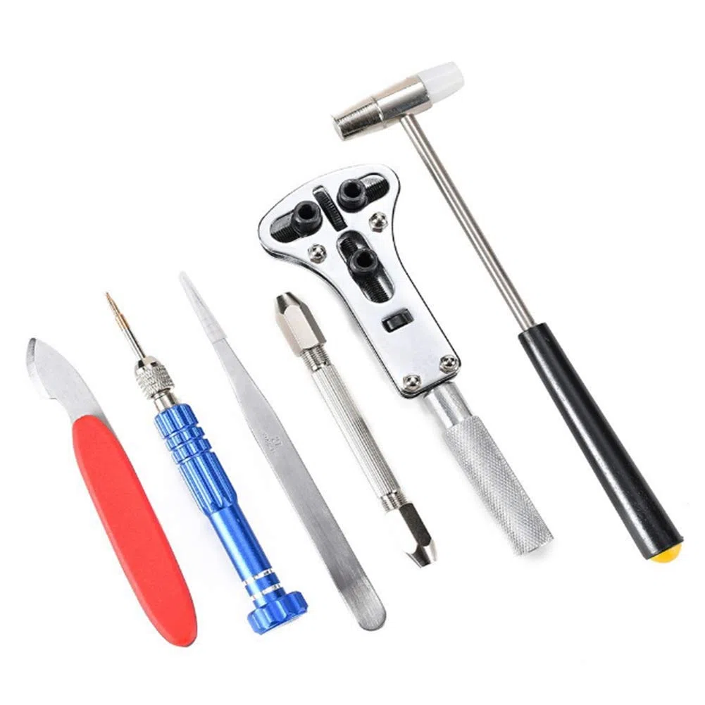 Kit de reparación de relojes en estuche de transporte, kit de herramientas de reparación de correa de reloj que incluye martillo, kit de herramientas de reemplazo de batería de reloj para reparar Var