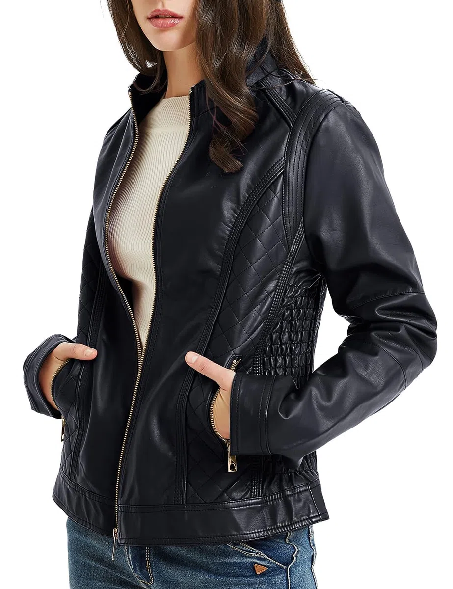 BELLIVERA Chaqueta de Cuero PU para Mujer, Chaqueta con Bolsillos con Cremallera, Chaqueta Corta para el Otoño, Primavera