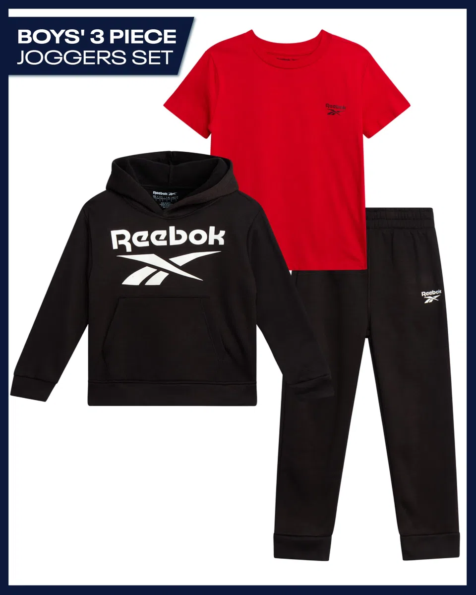 Reebok Conjunto de pantalones para bebé, 3 piezas, sudadera con capucha y pantalones deportivos, conjunto de pantalones de forro polar para niños pequeños
