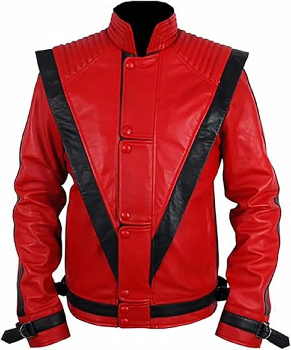 Chaqueta de cuero MJ Thriller para hombre, color rojo real y sintético