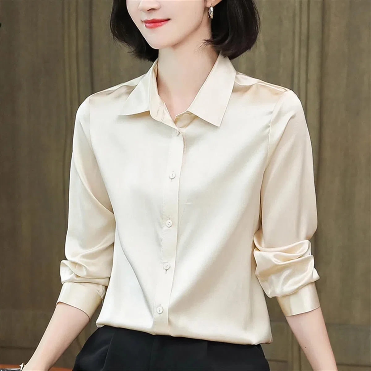 Blusa básica de satén de seda para mujer, cuello vuelto, manga larga, para oficina, trabajo, etc