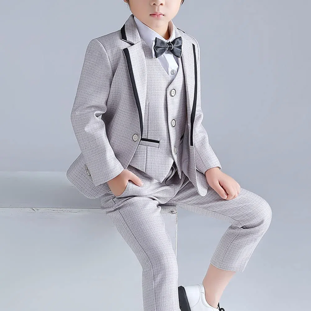 DAIHAN Infantil Traje de niño Actuación Boda Cumpleaños Fiesta Ceremonia Ropa Formal Conjunto de Smoking Chaleco de Vestir Blazer intura Elástica Pantalones Elegantes con Pajarita 2-7 años