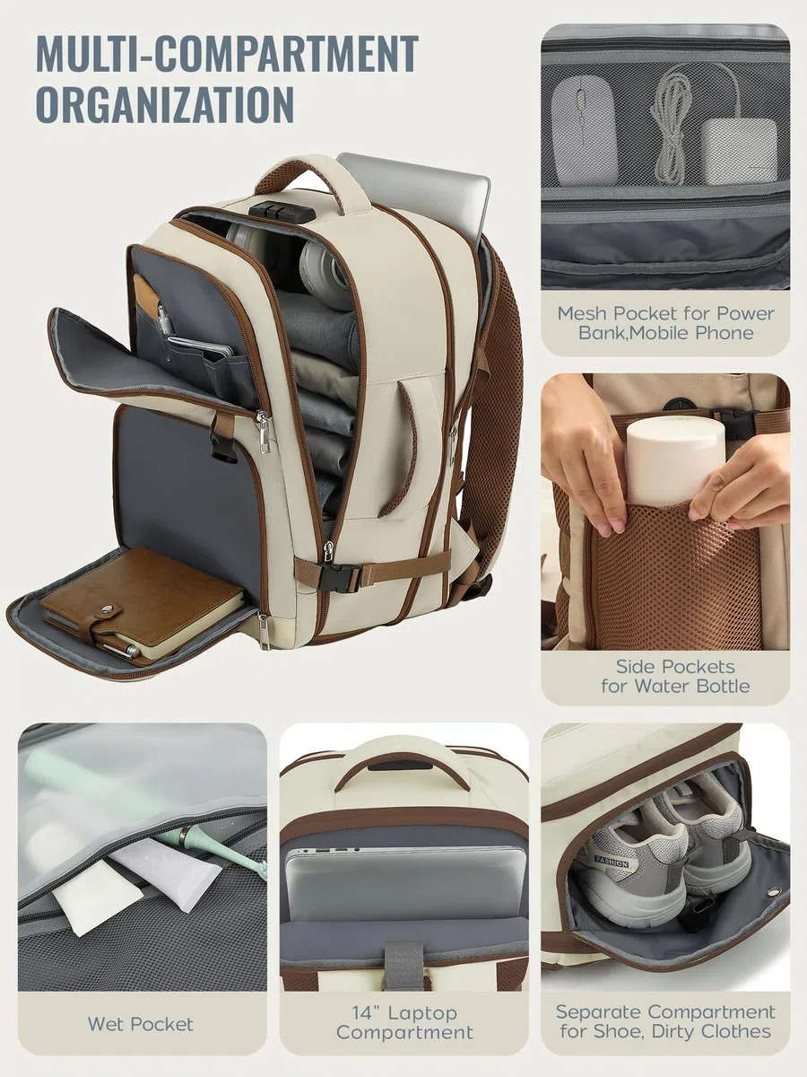 Ryanair - Equipaje de mano extensible (40 x 30 x 20, 40 x 30 x 25, 24 L hasta 30 L), beige, 40x30x20cm(24L-30L), Clásico | Eurowings EasyJet - Mochila de viaje para avión con cerradura de combinación para portátiles de 14 pulgadas, color negro