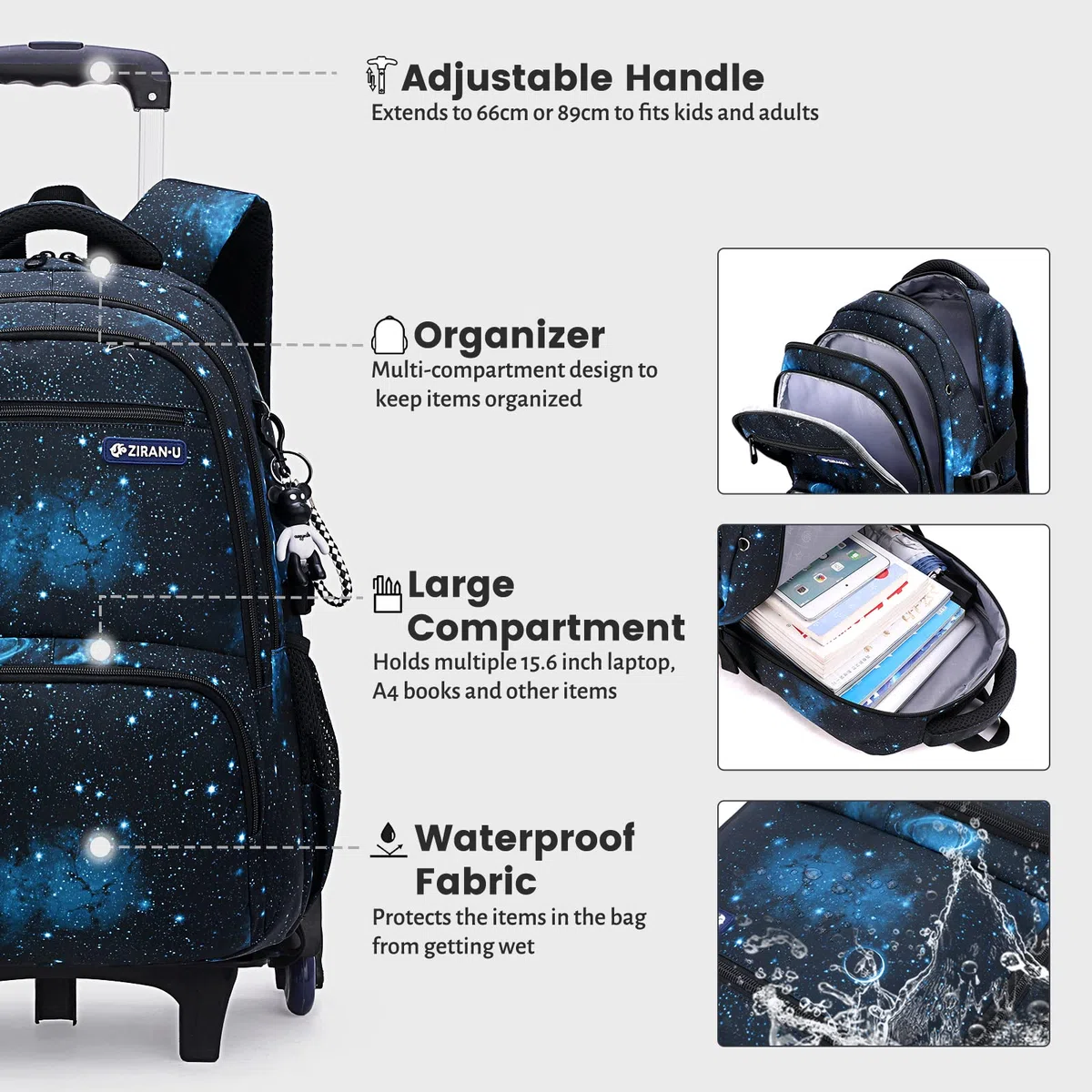 Amythe Mochila Escolar con Ruedas para Niños Adolescentes, 6 Ruedas | Mochilas con Carro para Niños, Mochila Trolley Chicos, Desmontable, Azul, Ideal para IR al Colegio o de Viaje