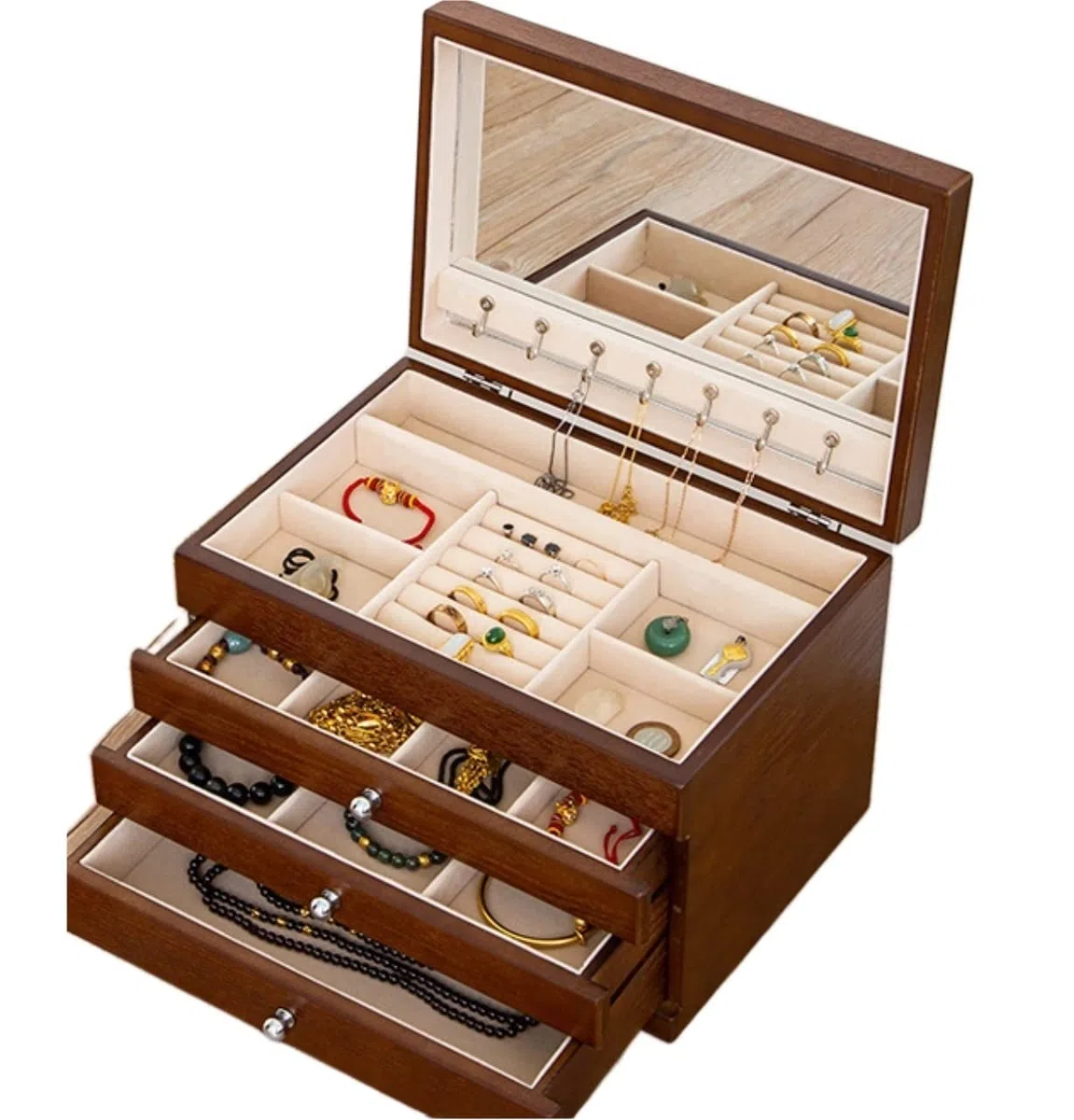 XBTGS Joyero organizador de joyas, caja de almacenamiento con 4 cajones, contenedor organizador con cerradura de terciopelo para anillos, collares, aretes, joyeros, joyeros, marrones, 31 x 21 pulgadas