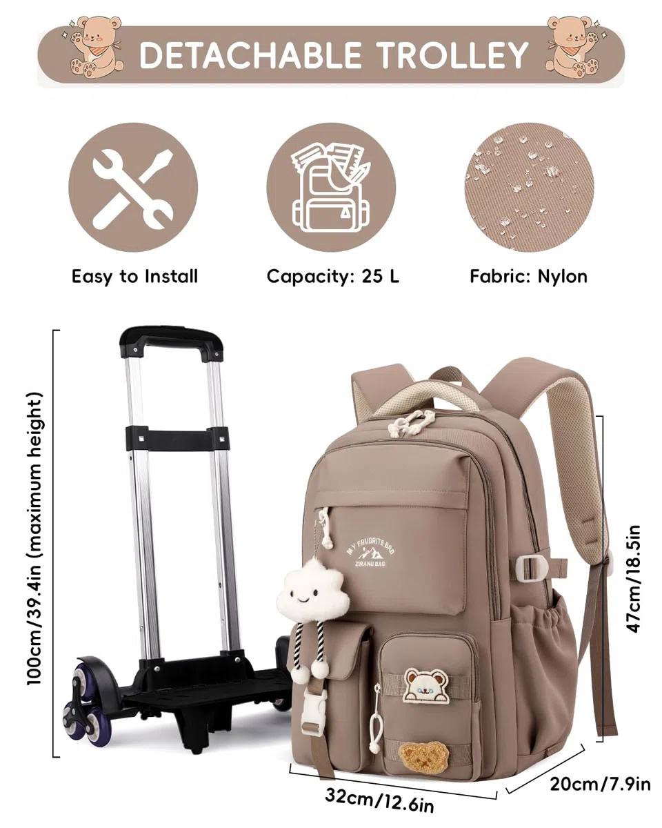 Tanou Mochila Escolar Niña con Ruedas, Mochilas Adolescente Chica con Carro | 30L, Trolley Desmontable Mochila Instituto de Viaje con 6 Ruedas, Marrón
