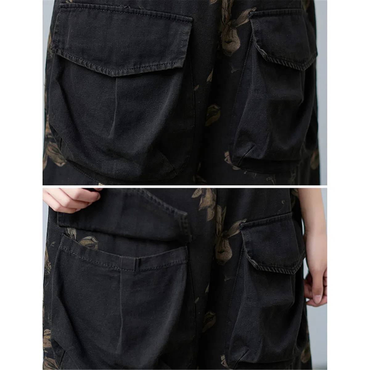 Monos de las mujeres con estampado floral de Jean overoles grandes bolsillos de pierna ancha pantalones de mezclilla con correa mamelucos, Negro, M largo