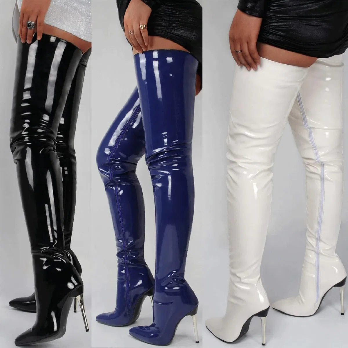FGRID Botas sobre la rodilla de charol para mujer, botas altas con tacón de aguja de PU artificial de moda, botas largas de club nocturno con cremallera lateral elástica sexy,Negro,45
